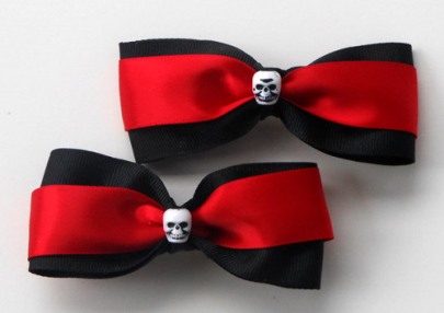 Black and Red Ribbon Skull Bead Barrettes